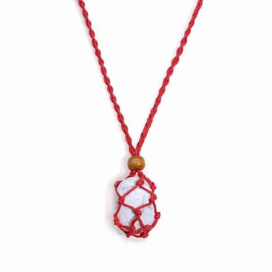 Vibrant red macrame necklace cord with a secure cage design for holding tumble stones and crystals.