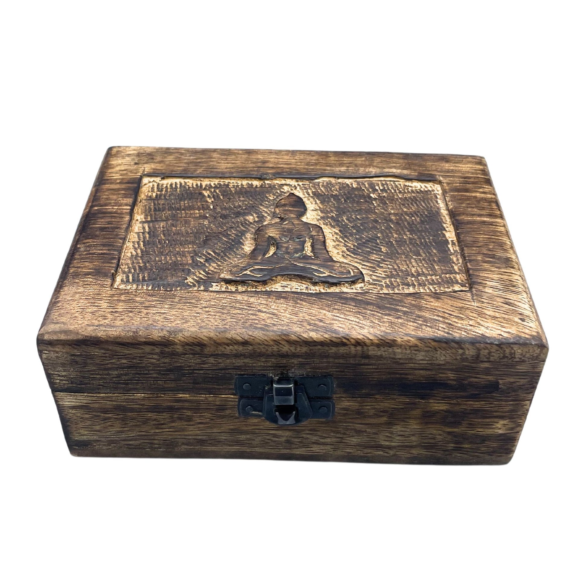 Hand-carved wooden keepsake box featuring a serene Buddha design on the lid.