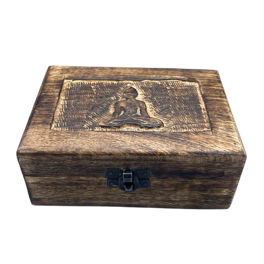Hand-carved wooden keepsake box featuring a serene Buddha design on the lid.