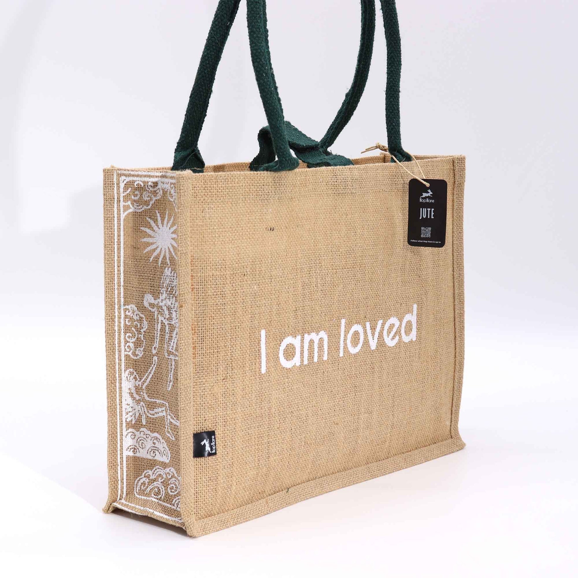 Eco-friendly jute bag with Cupid and lovers tarot design and the affirmation I am Loved.