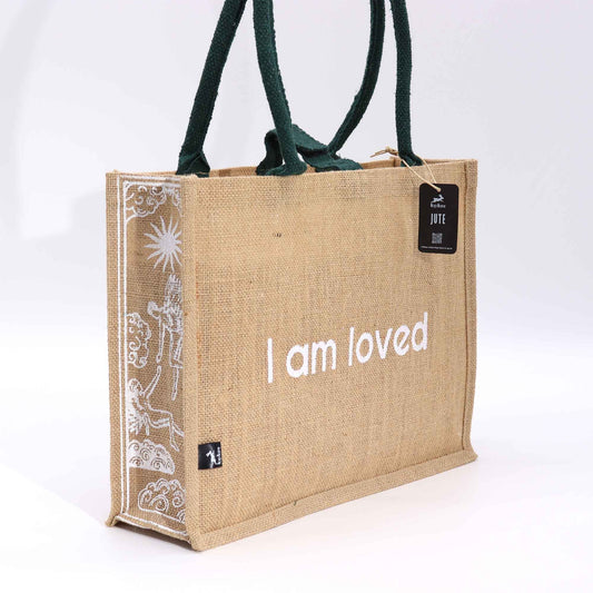Eco-friendly jute bag with Cupid and lovers tarot design and the affirmation I am Loved.