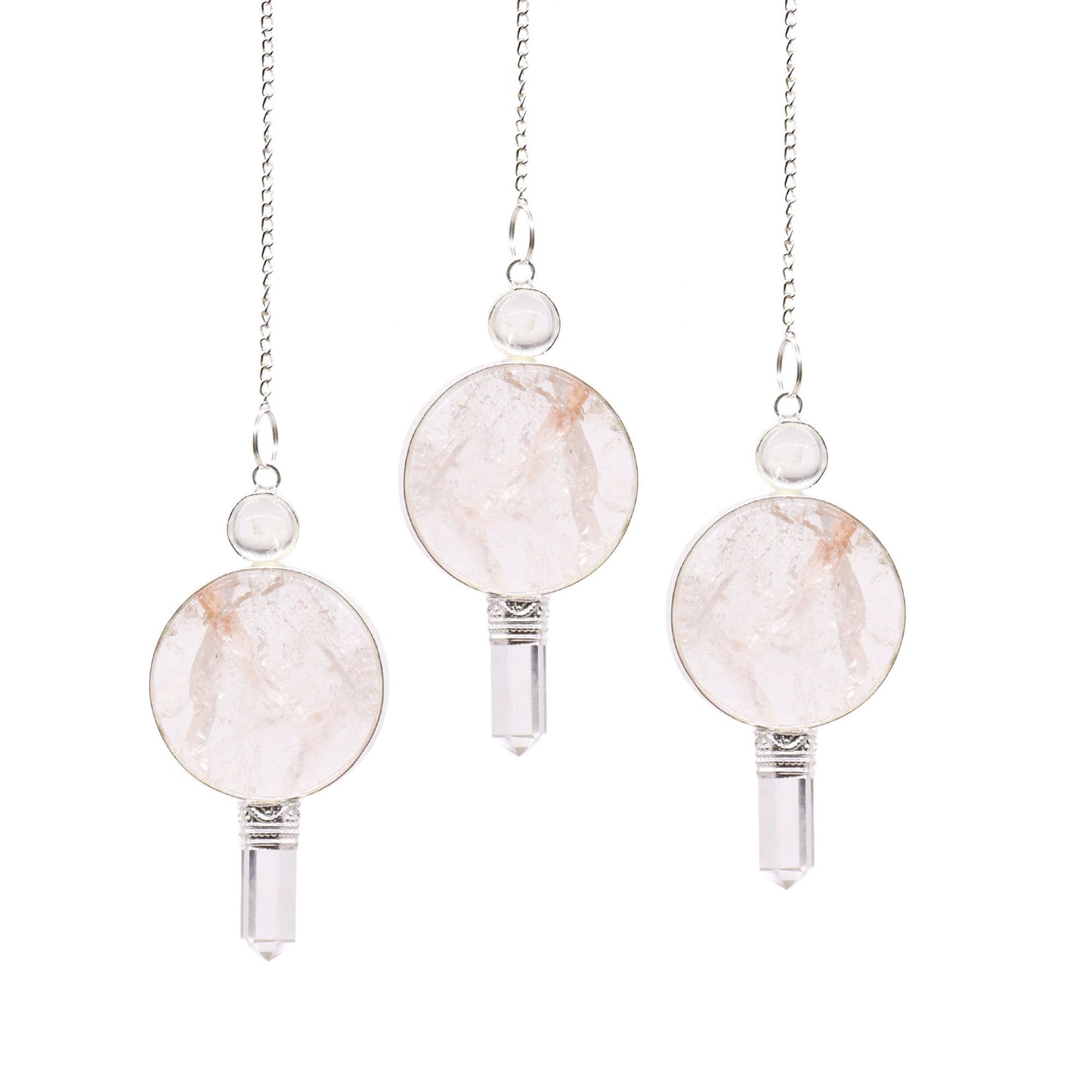 Crystal dowsing pendulum featuring a sphere, large circle, and point design with a silver chain and gemstone bead.