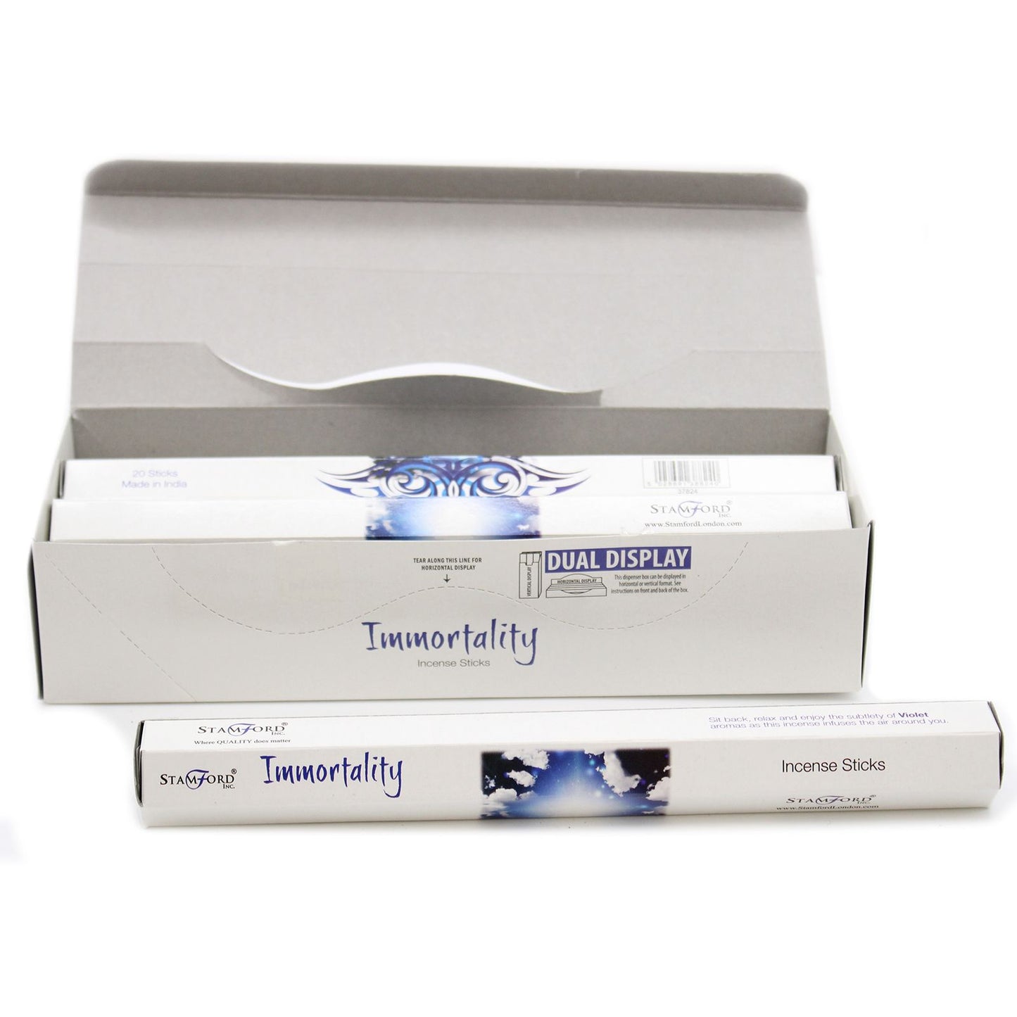 Hexagonal box of Immortality premium incense sticks featuring mystical purple and gold patterns.