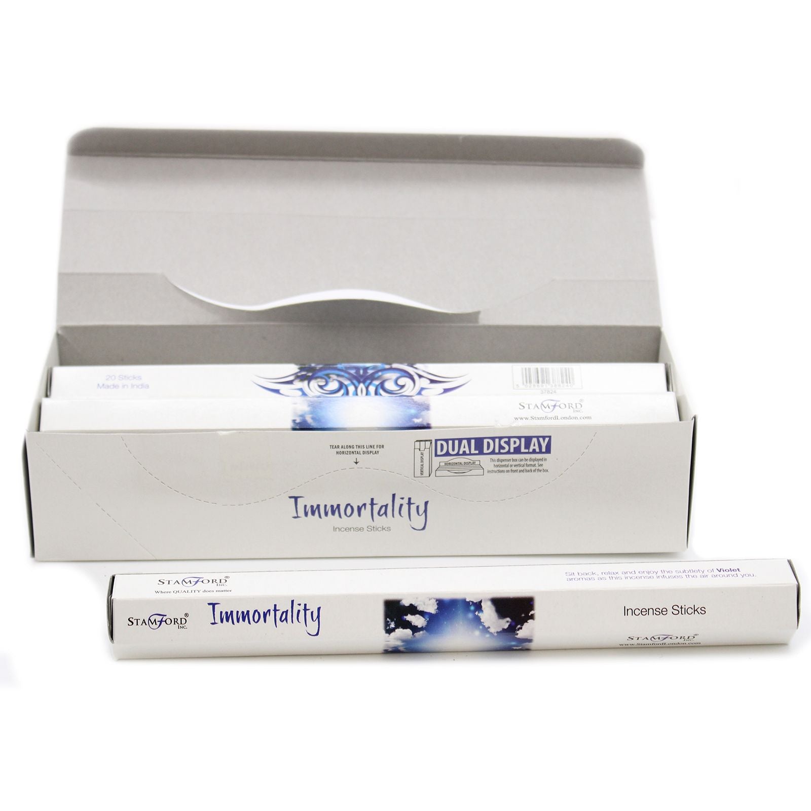 Hexagonal box of Immortality premium incense sticks featuring mystical purple and gold patterns.