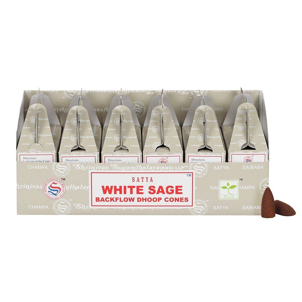 A pack of white sage backflow incense cones showing the distinctive conical shape and natural herbal texture.