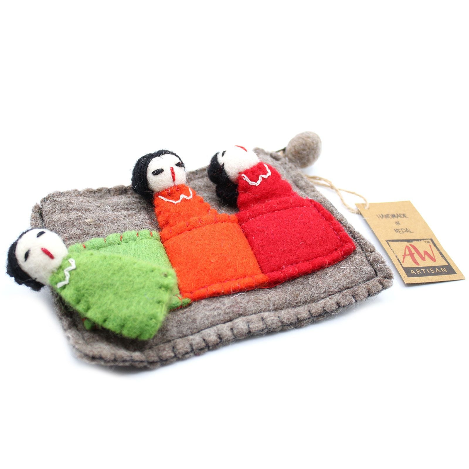 Handcrafted colourful finger puppets of friendly characters inside a matching fabric storage pouch.