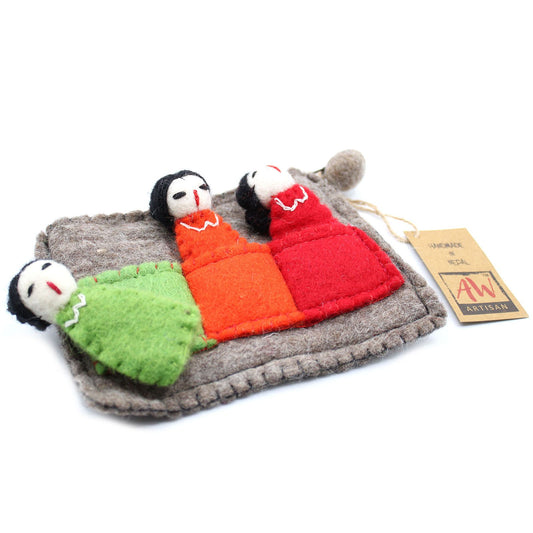 Handcrafted colourful finger puppets of friendly characters inside a matching fabric storage pouch.