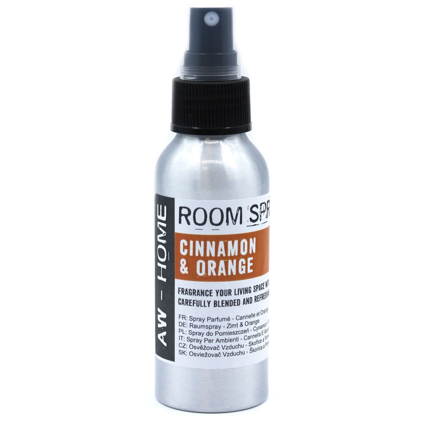 Clear 100ml glass bottle with a spray nozzle containing cinnamon and orange scented liquid.