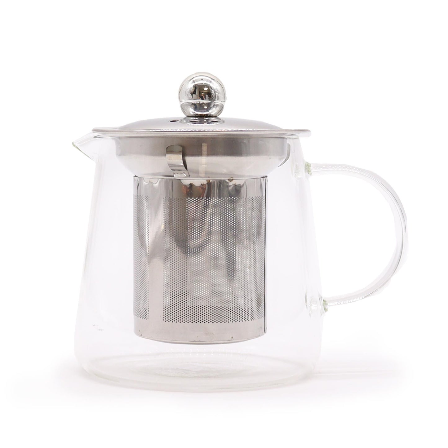 Elegant flask-shaped clear glass teapot with a built-in metal tea infuser for brewing loose leaf tea.
