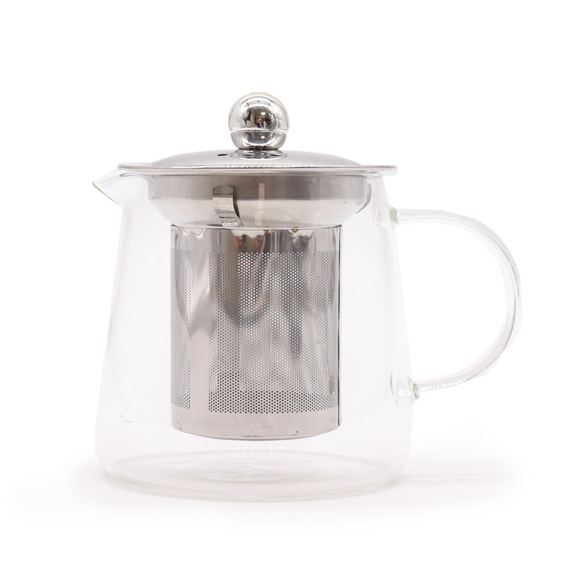 Elegant flask-shaped clear glass teapot with a built-in metal tea infuser for brewing loose leaf tea.
