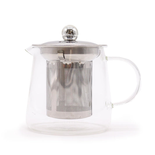 Elegant flask-shaped clear glass teapot with a built-in metal tea infuser for brewing loose leaf tea.