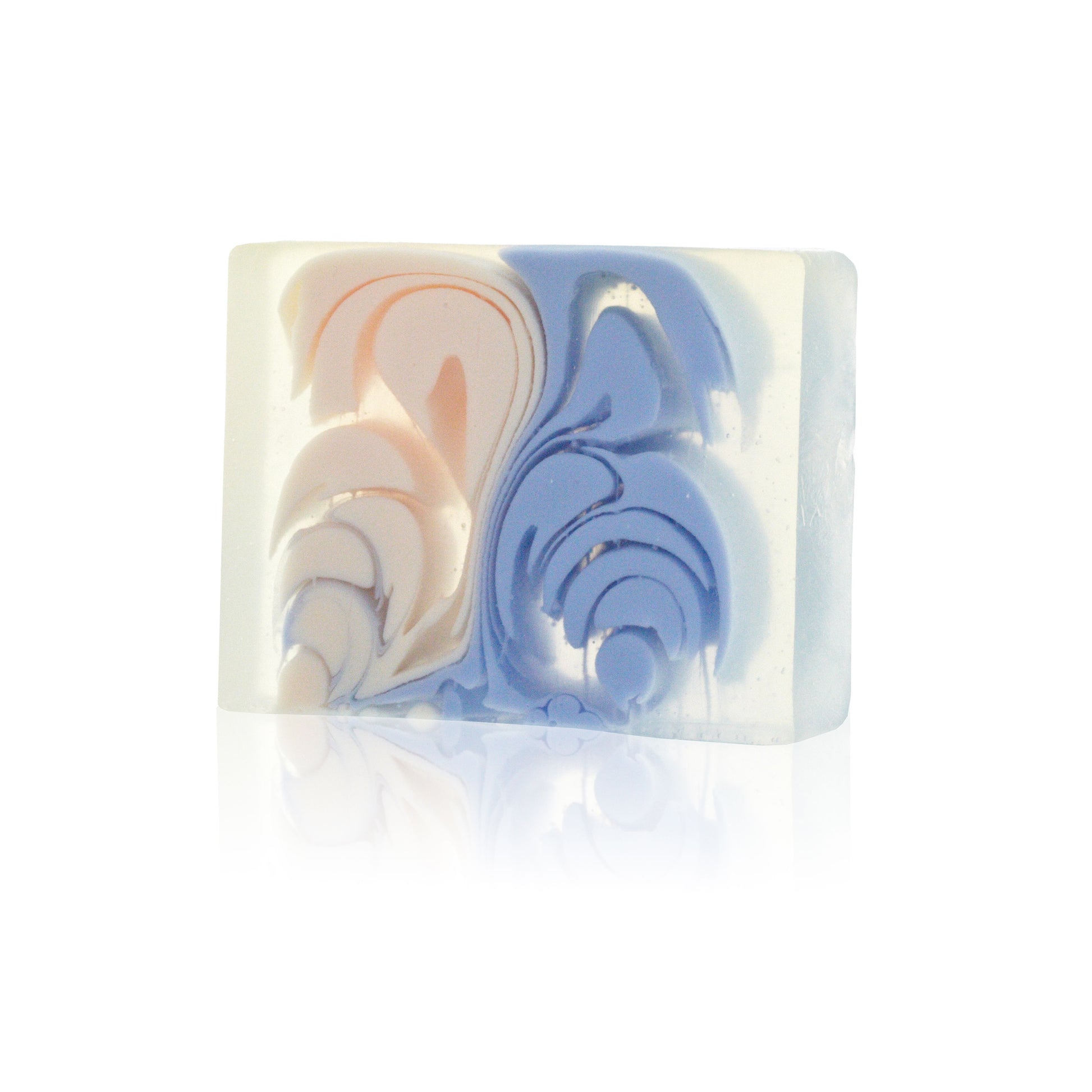 A textured artisanal soap slice with marbled patterns and a rustic handcrafted finish.