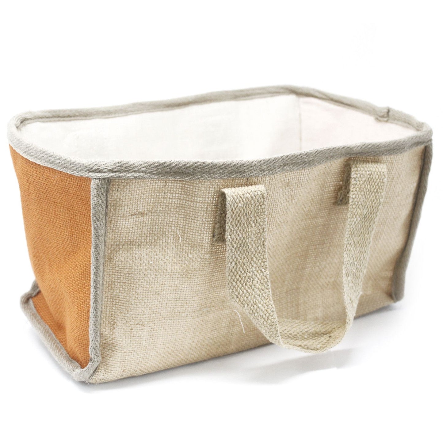 Large turmeric yellow jute and cotton shopping basket with soft sturdy handles and a clean cotton lining.