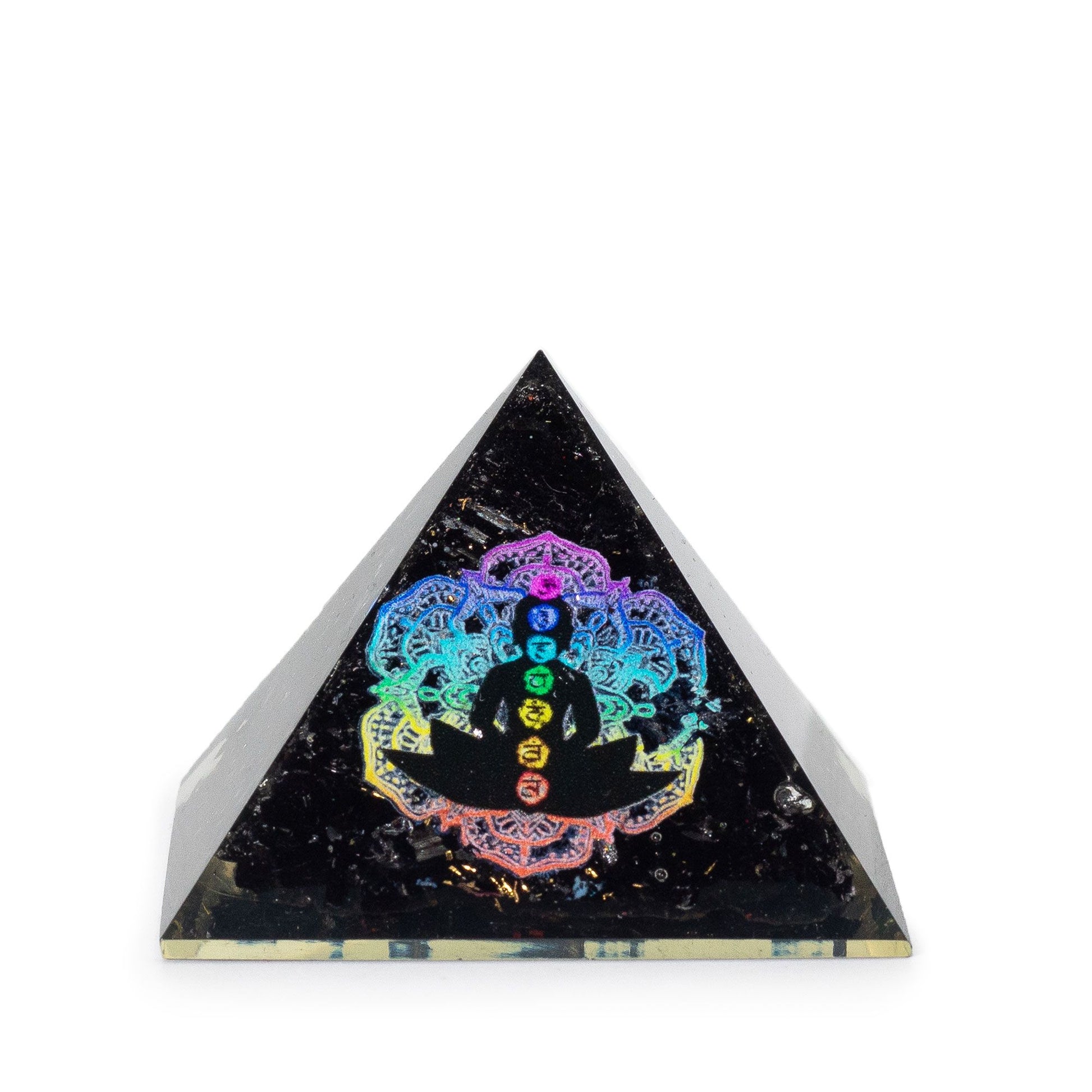 Small resin pyramid filled with black tourmaline chips and a colourful rainbow Chakra Buddha symbol at the centre.