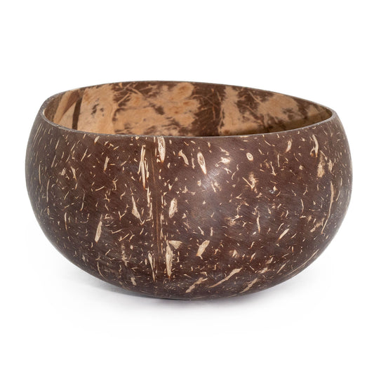 A large, beautifully polished natural coconut bowl with a smooth finish and unique wood grain on a neutral background.