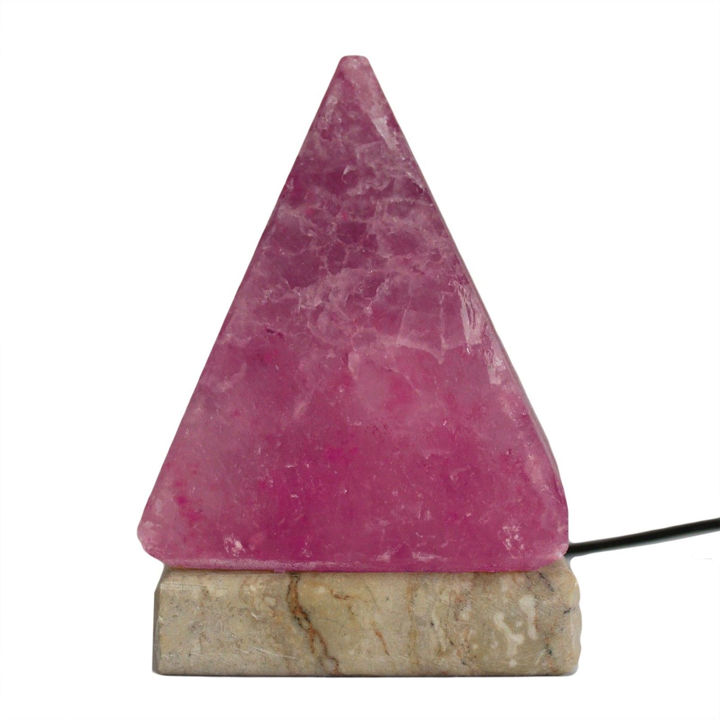 Hand-carved pyramid shaped Himalayan salt lamp with a glowing multi-colour LED light and USB connection.