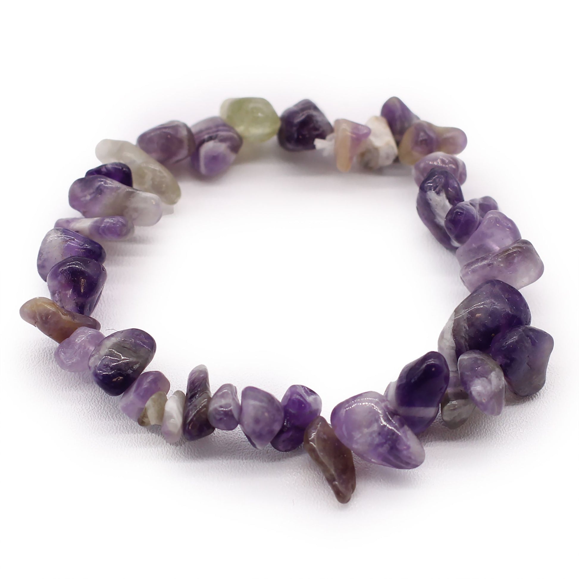 Elegant purple amethyst chipstone bracelet made with polished gemstone shards on a clear elasticated thread.