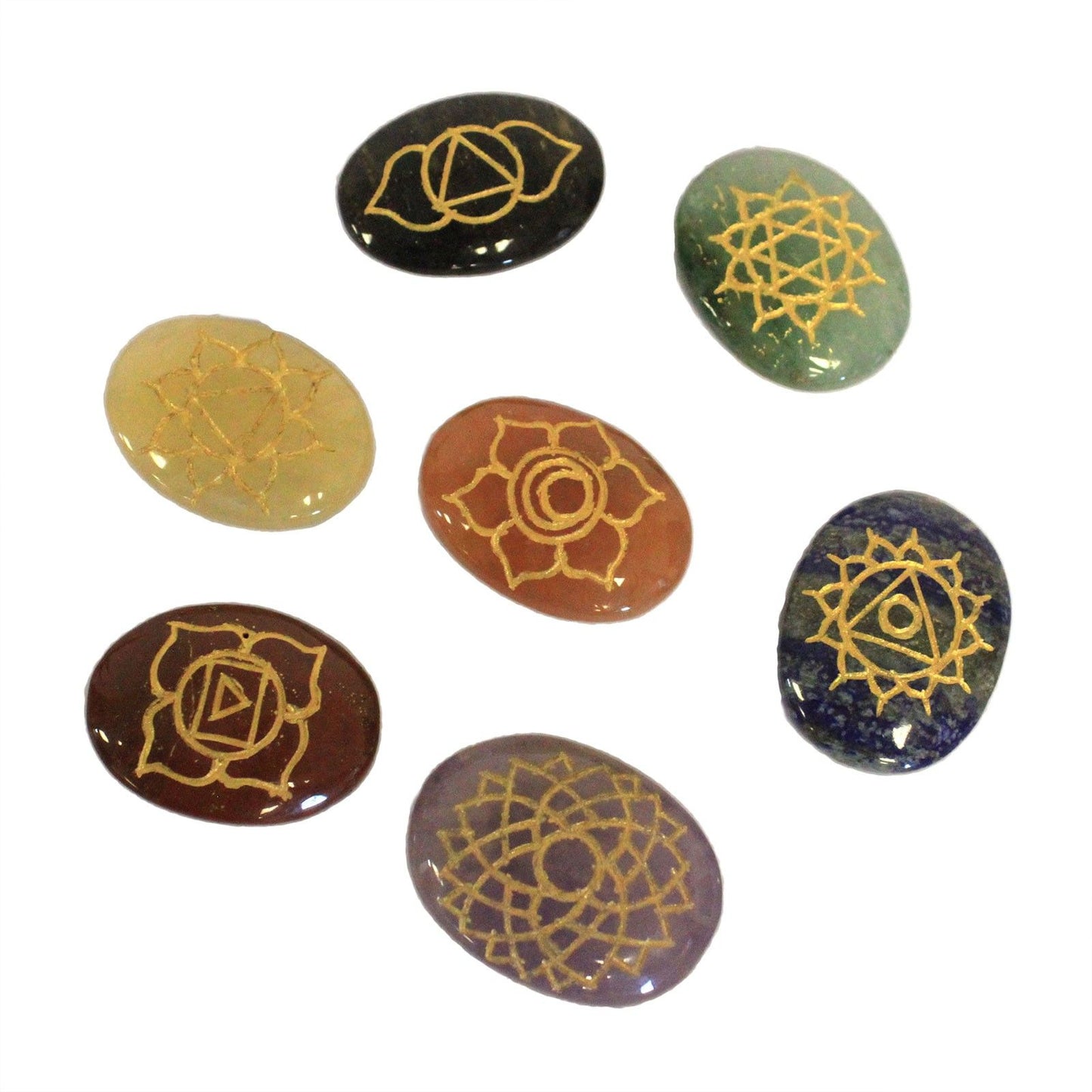 Seven large oval-shaped chakra stones in various colours representing different energy centres.