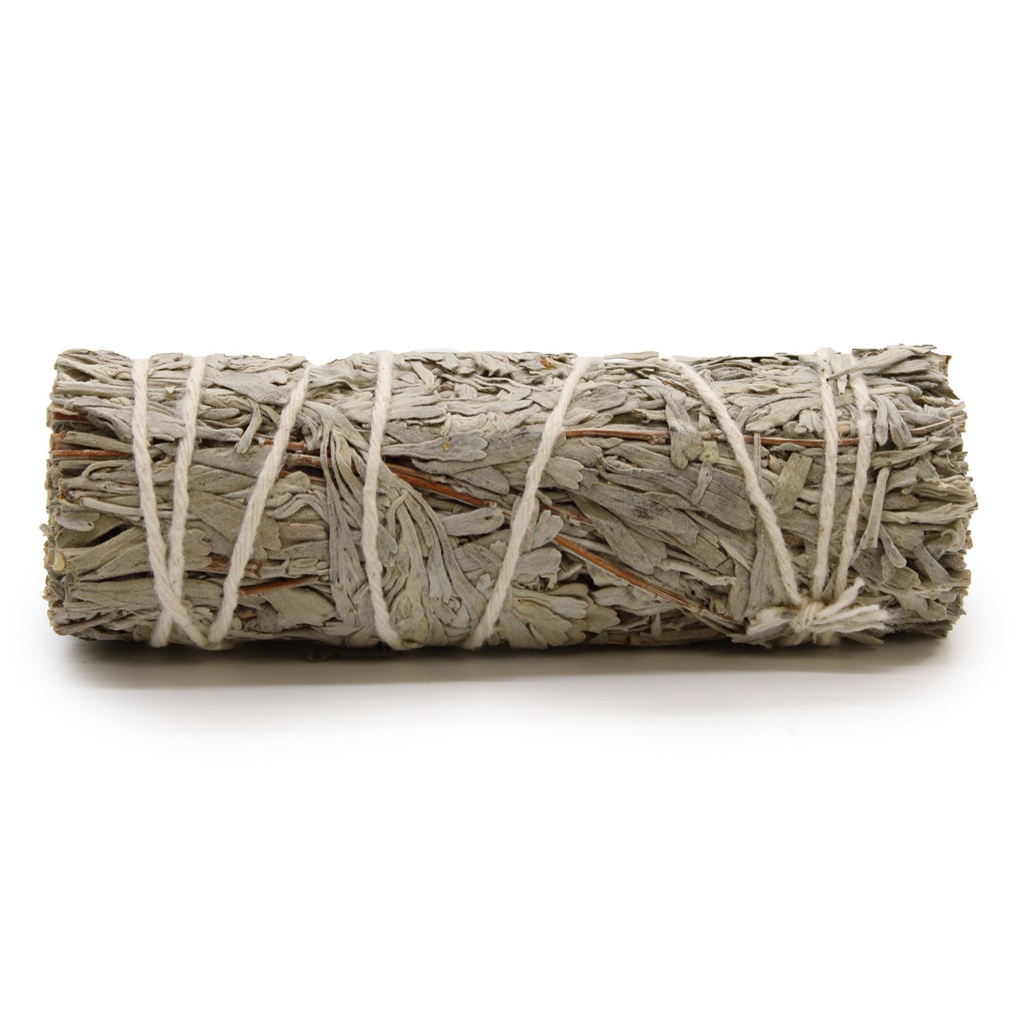 A small, tightly bound bundle of dried blue sage leaves ready for smudging rituals.