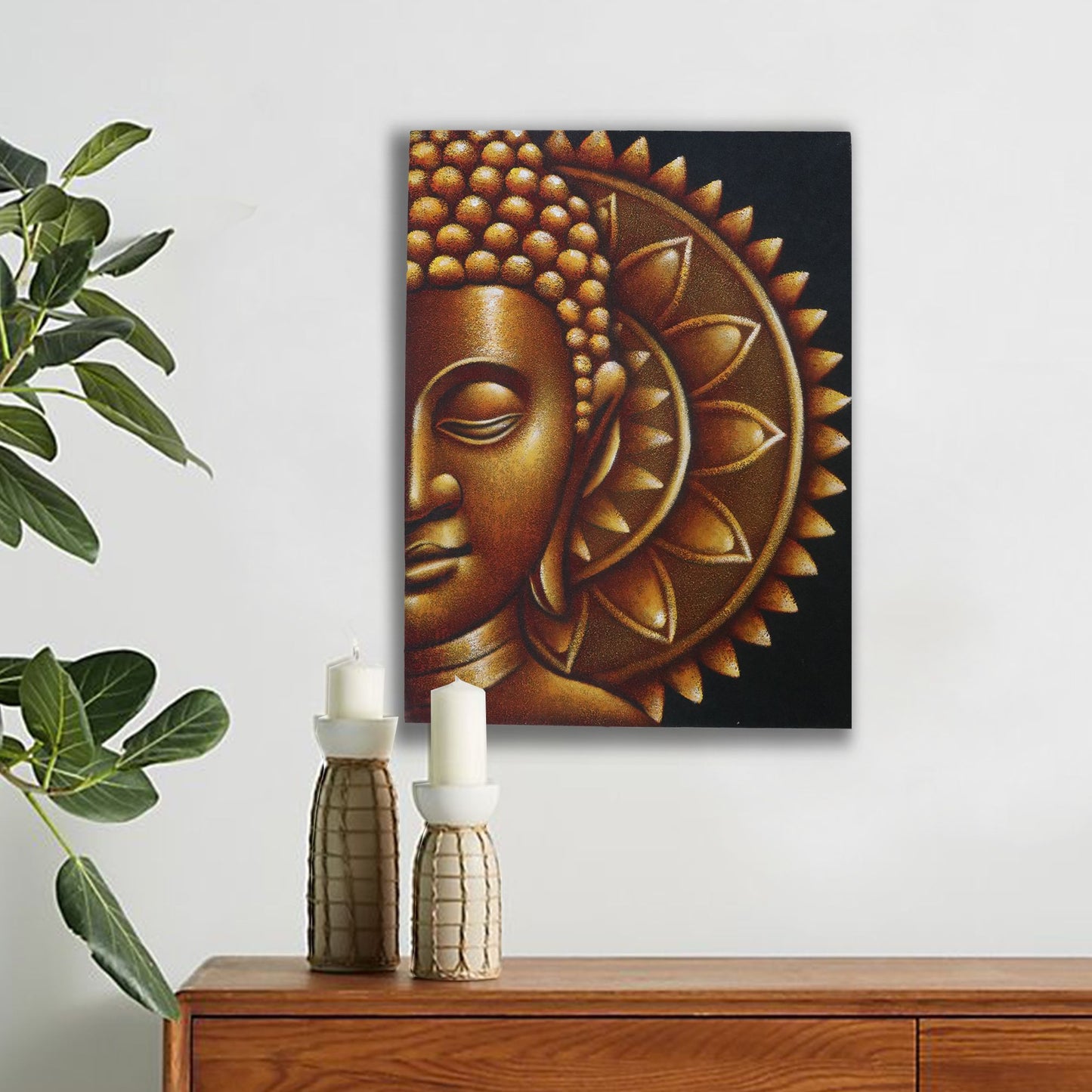 Large canvas painting featuring a golden half Buddha face intertwined with an intricate mandala pattern.