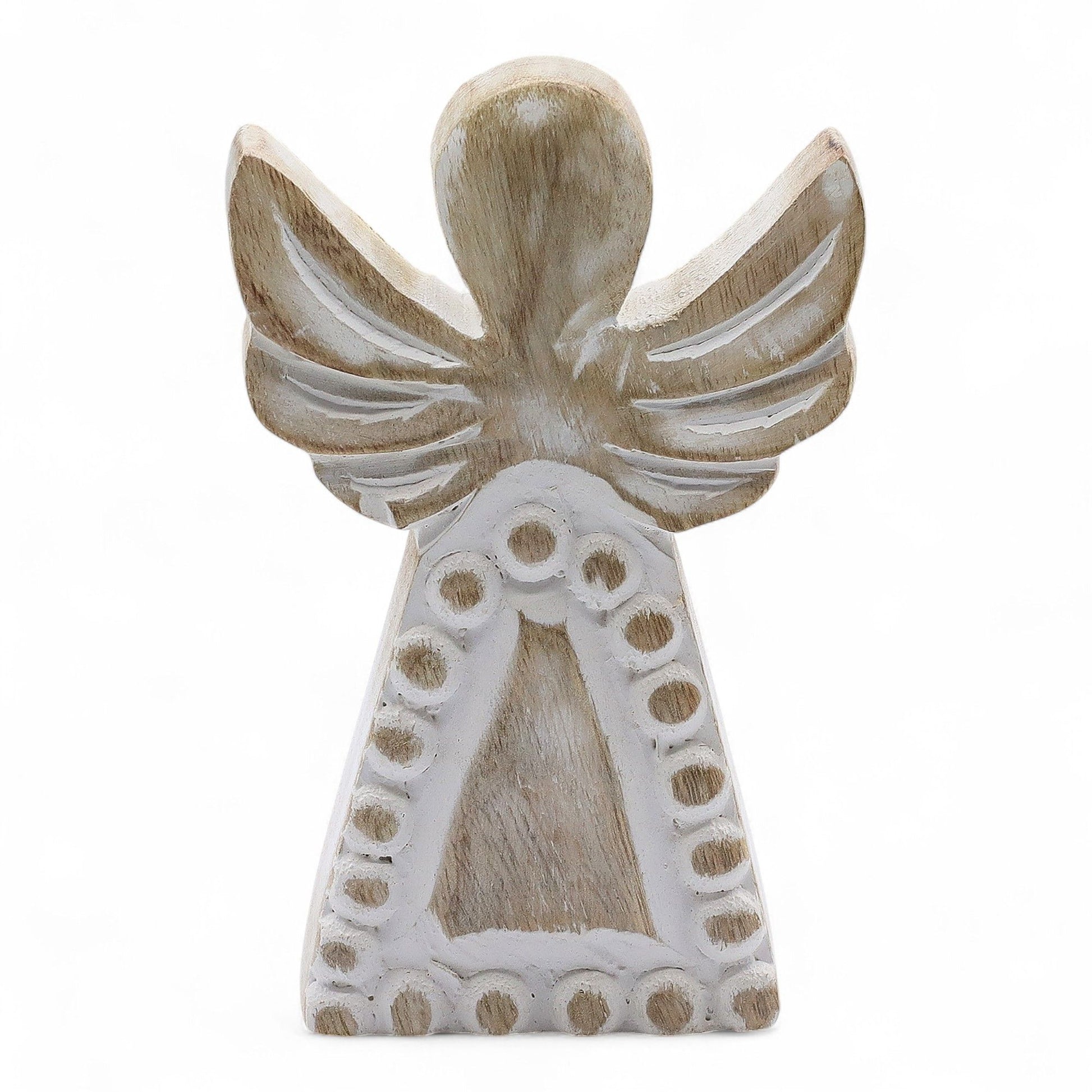 Hand-carved mango wood angel figurine with a distressed whitewash finish and natural wood grain details.