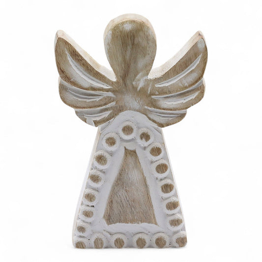 Hand-carved mango wood angel figurine with a distressed whitewash finish and natural wood grain details.