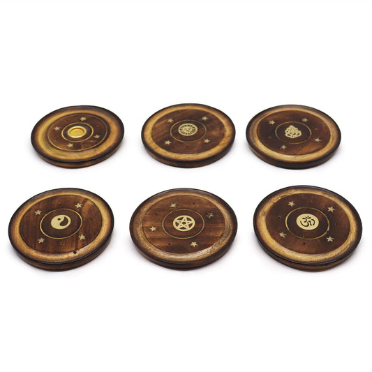 Handcrafted circular mango wood incense holder with holes for sticks and a central space for cones.