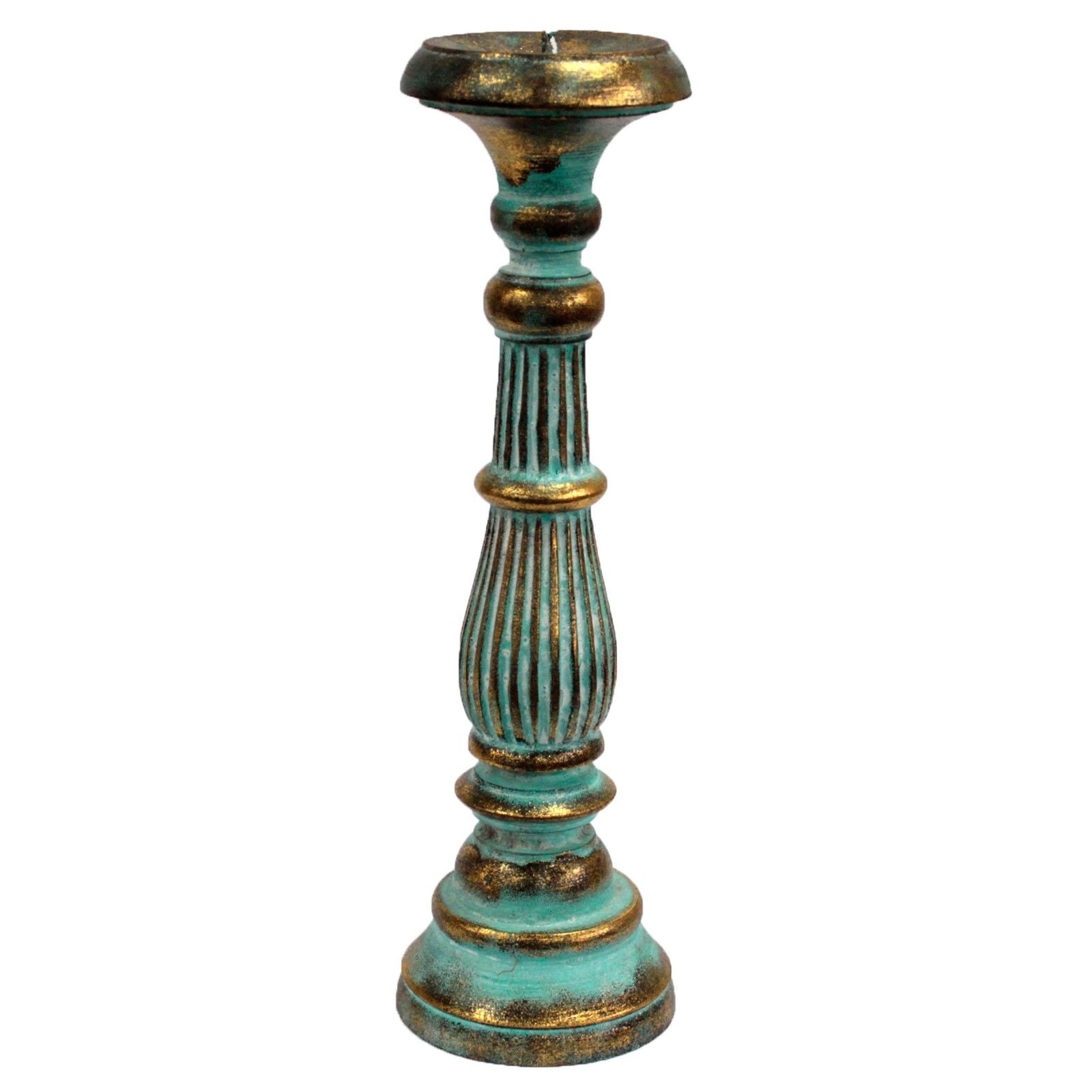 Large hand-carved ornate wooden candlestick in a turquoise blue and gold finish suitable for church candles.