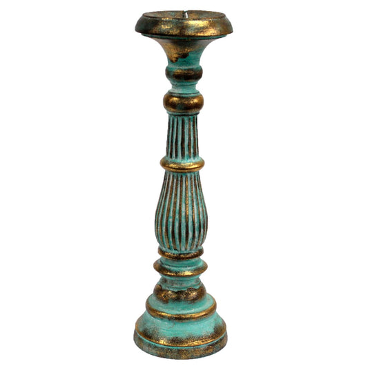 Large hand-carved ornate wooden candlestick in a turquoise blue and gold finish suitable for church candles.