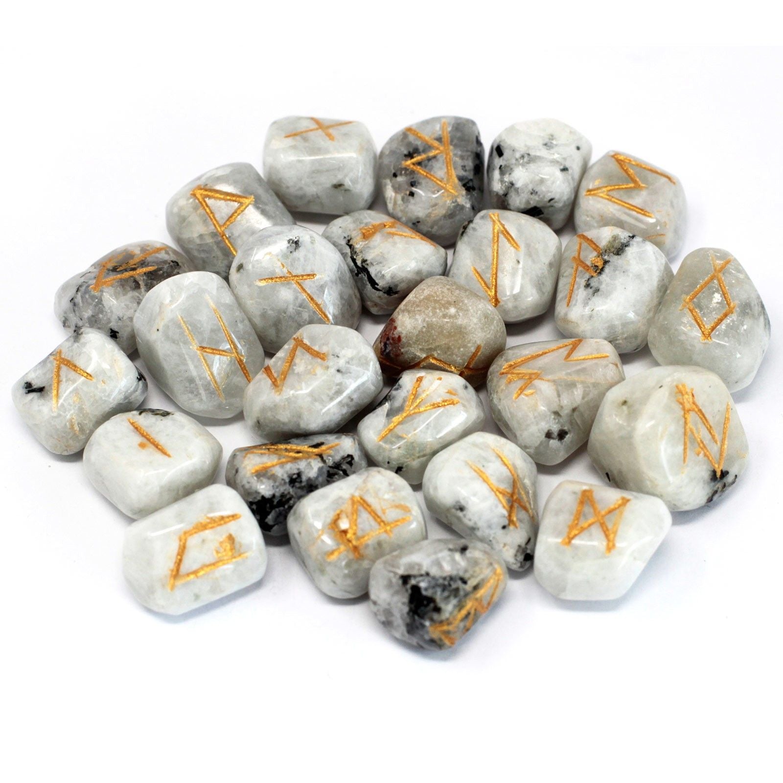 A set of iridescent Rainbow Moonstone rune stones with engraved symbols and a protective drawstring pouch.