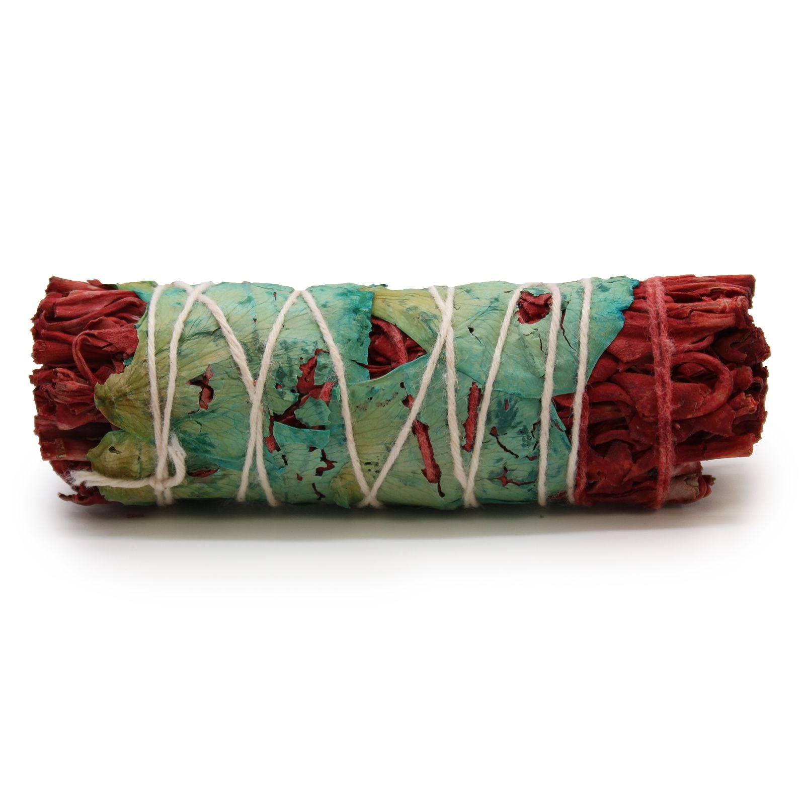 Handcrafted 10cm sage smudge stick coated in vibrant red dragons blood resin and adorned with colourful dried flower petals.