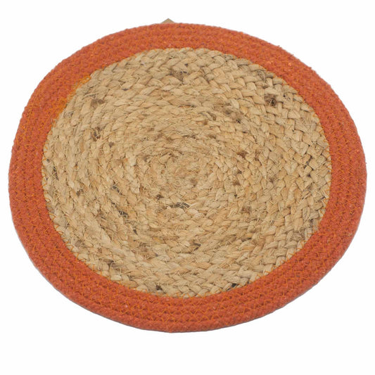 Round natural jute and cotton woven placemat with a decorative earthy clay coloured border on a neutral background.