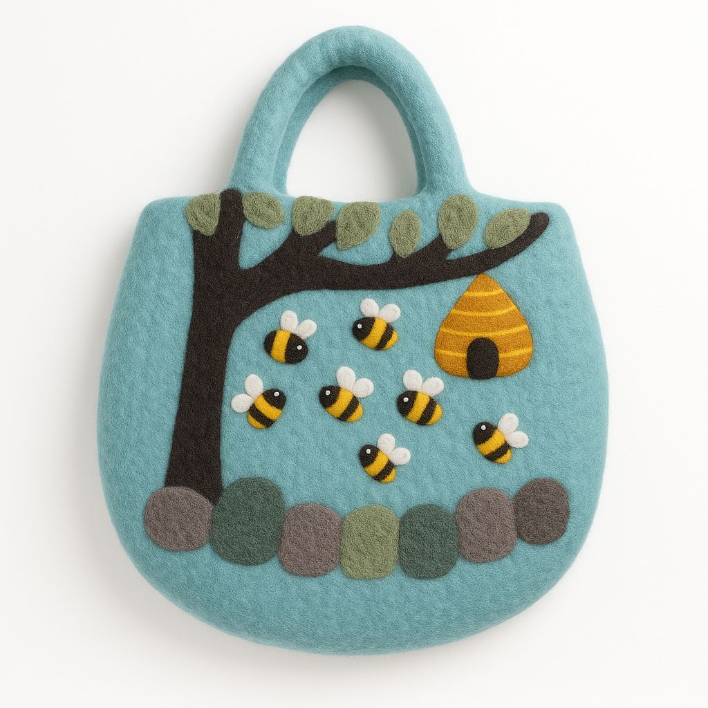 Handmade felted wool bag featuring a decorative tree and beehive design with earthy green and brown tones.