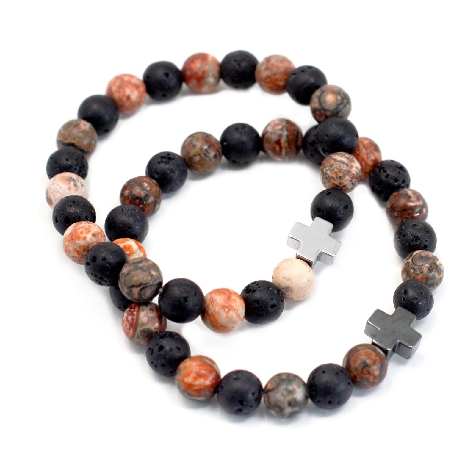 Two stretch gemstone bracelets featuring earthy leopard skin jasper and textured black lava stone beads.