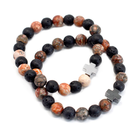 Two stretch gemstone bracelets featuring earthy leopard skin jasper and textured black lava stone beads.
