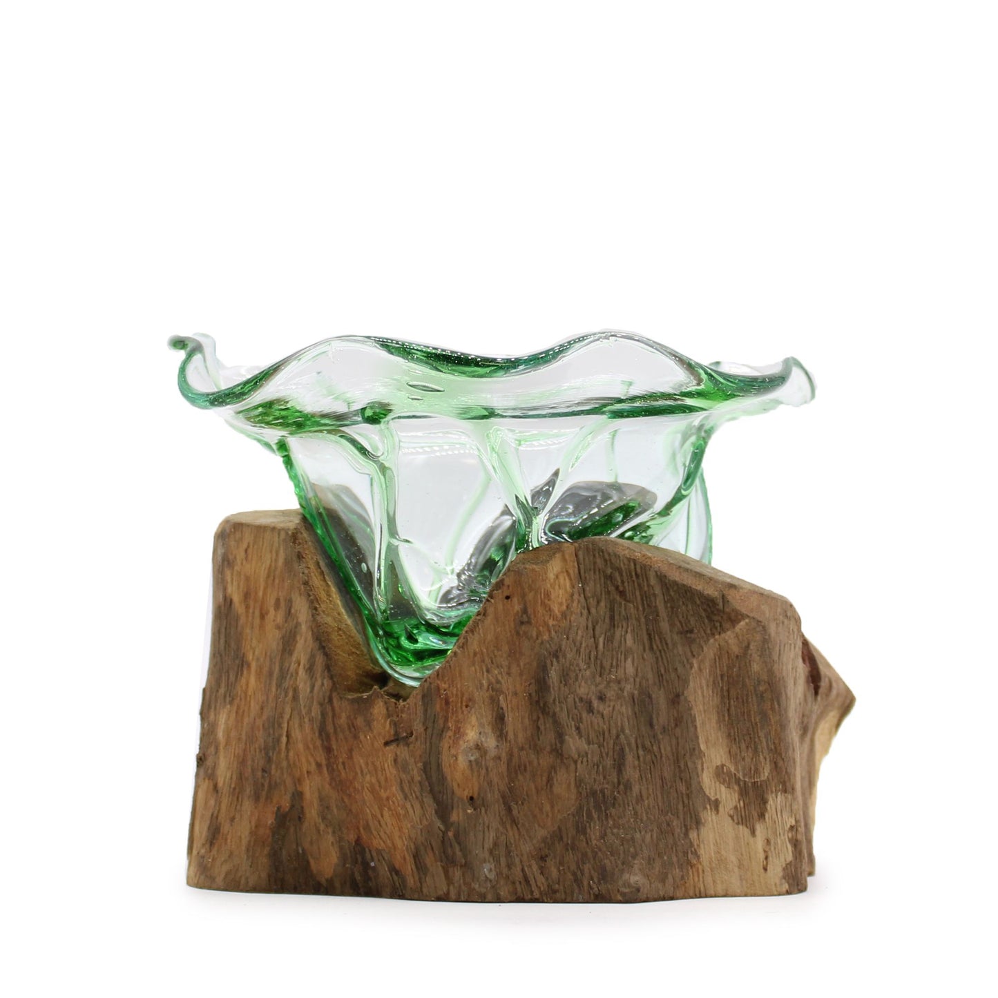 Unique large glass bowl crafted from recycled molten beer bottles resting on a natural reclaimed wood base.