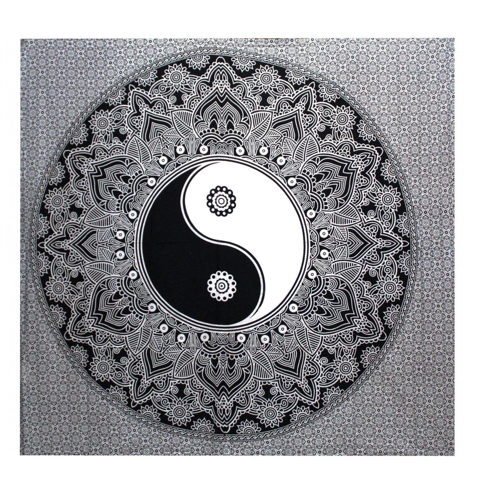 Large hand-printed black and white cotton bedspread featuring a prominent Yin Yang symbol in a traditional circular design.