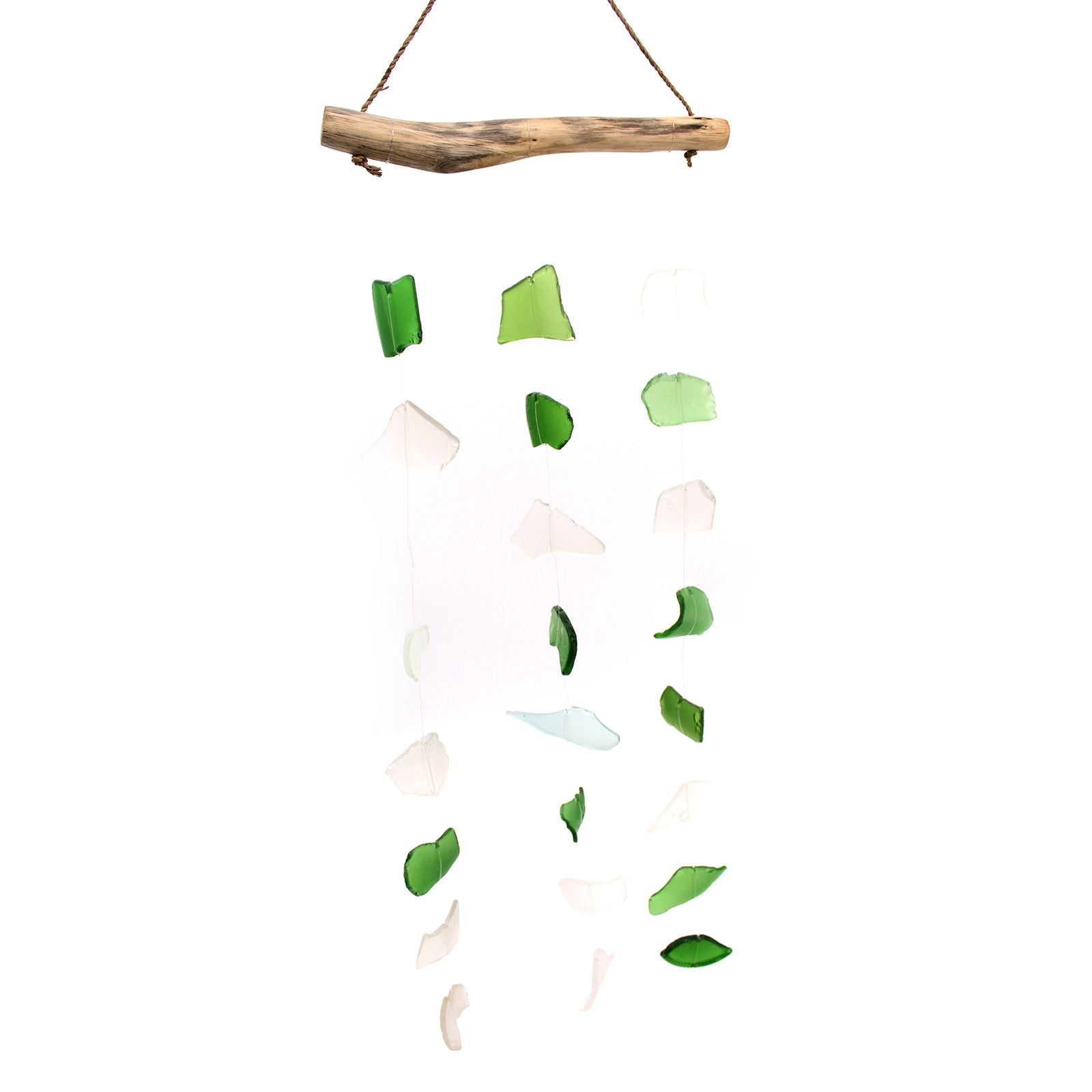 Three vertical drops of green and white recycled glass pieces suspended to create a decorative wind chime.