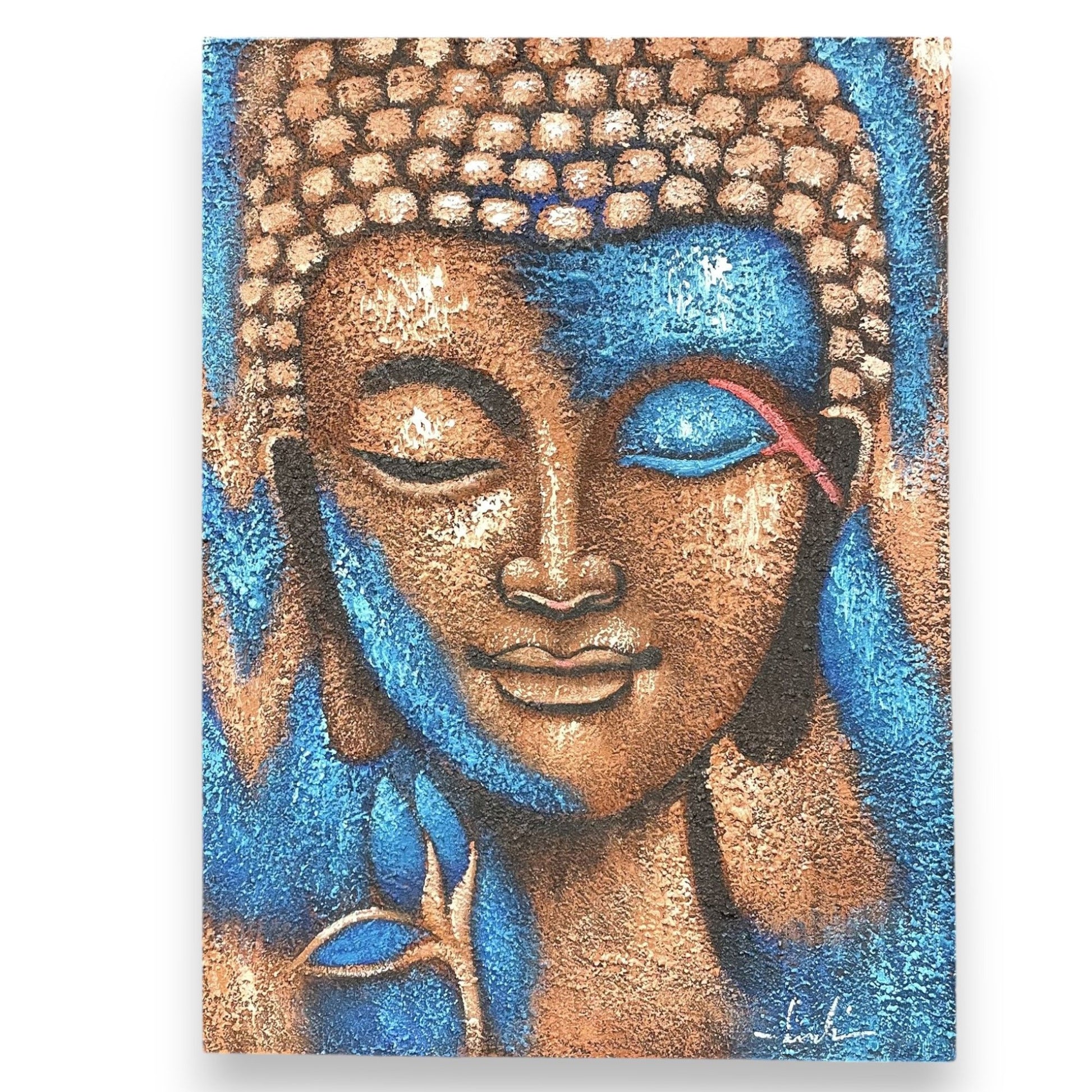 Hand-painted Buddha artwork featuring serene facial features in bronze tones with a delicate blue flower accent.