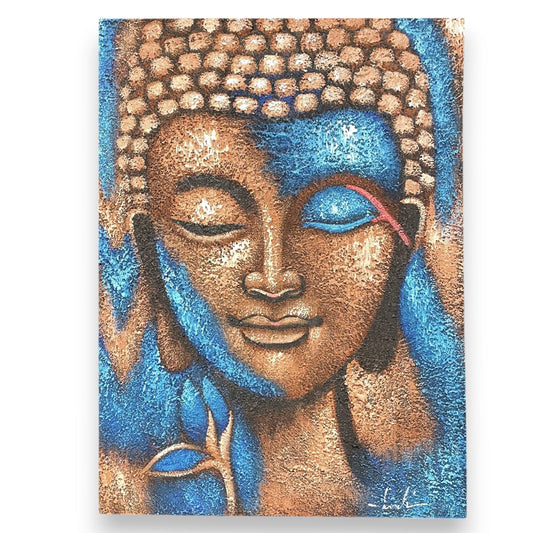 Hand-painted Buddha artwork featuring serene facial features in bronze tones with a delicate blue flower accent.
