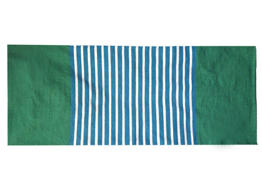 Hand-woven Indian cotton rug in vibrant blue and green stripes, sized perfectly for a yoga mat or hallway runner.