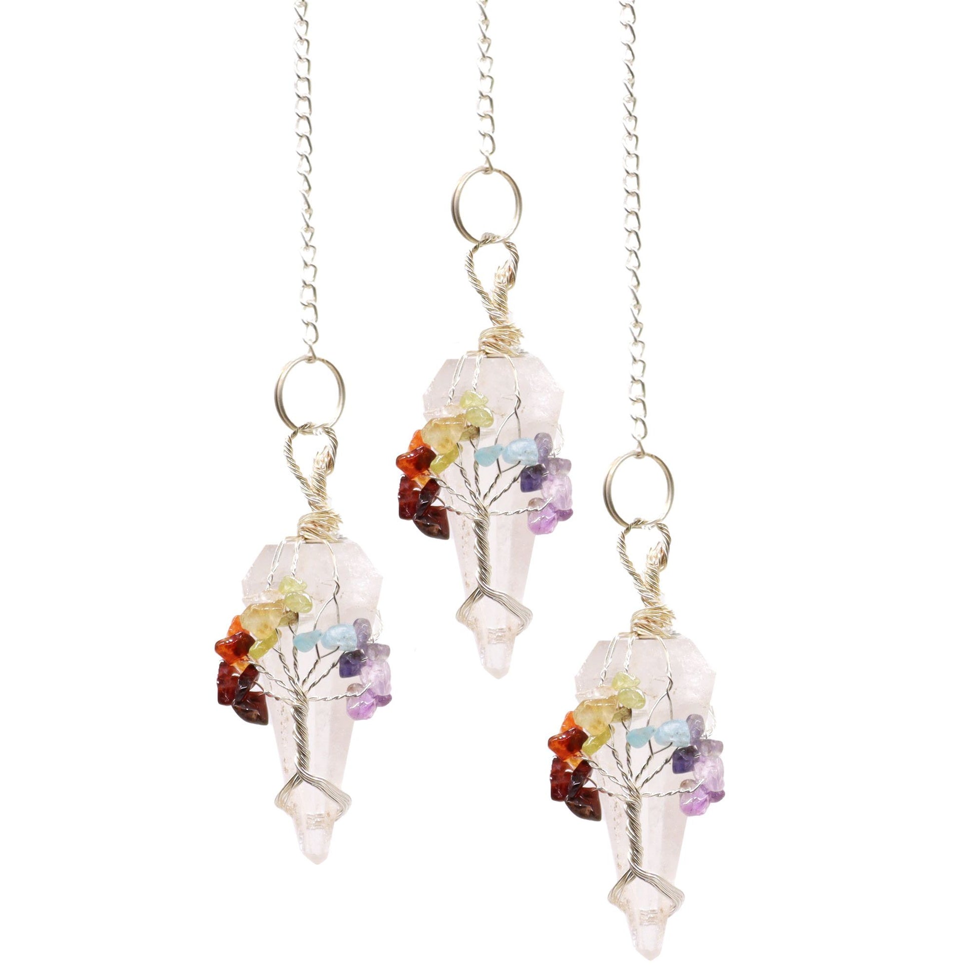 Clear rock quartz crystal pendulum with seven colourful chakra stones on a silver-tone chain.