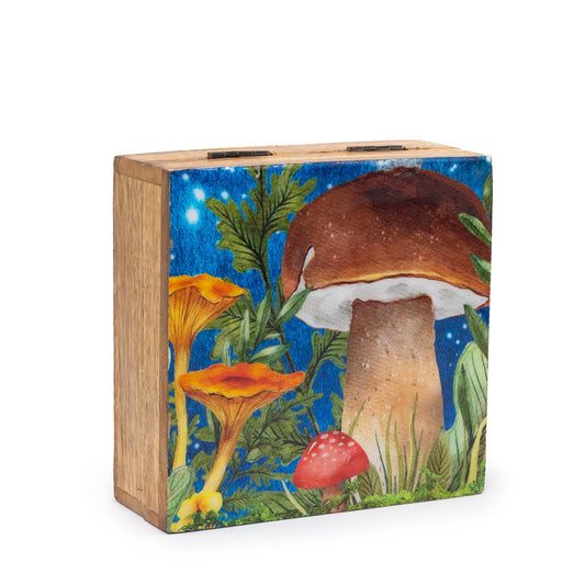 Square teal wooden box with a glossy enamelled lid featuring a whimsical white and gold mushroom design.