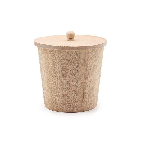 Small round natural wood display tub with a smooth finish, ideal for holding small soaps or bath accessories.