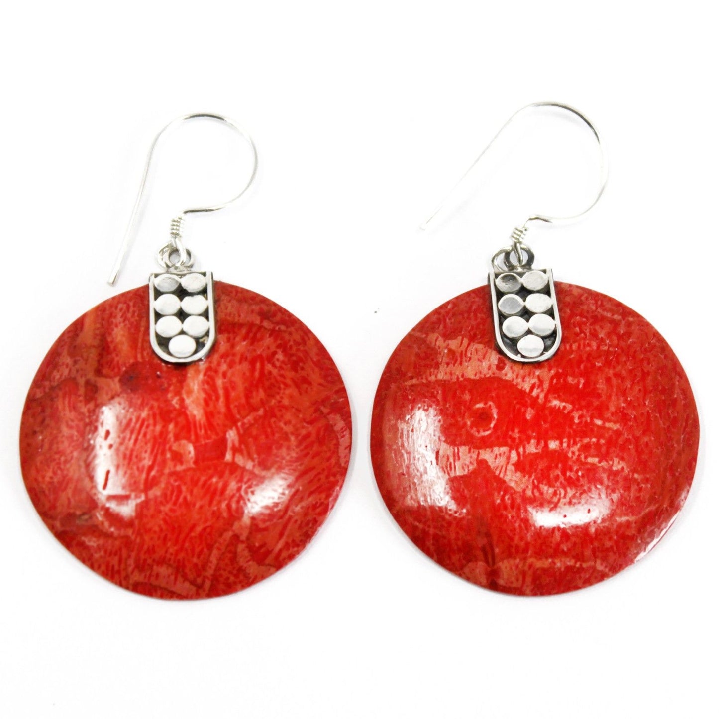 Handcrafted 925 sterling silver drop earrings featuring bright red circular resin discs with a polished, shiny finish.