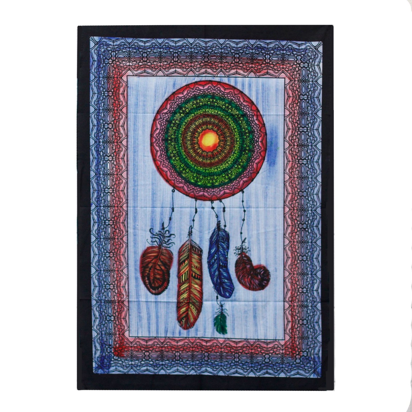 Large handbrushed cotton wall hanging featuring a vibrant dreamcatcher design with bold colours and intricate patterns.