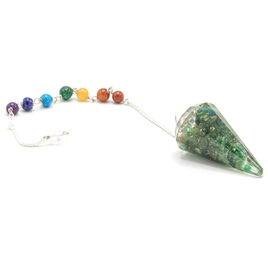 Faceted orgonite pendulum containing green aventurine chips with a seven-chakra beaded silver-tone chain.