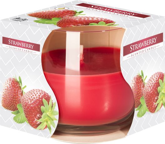 A classic clear glass jar candle with red wax and a single wick, emitting a sweet strawberry fragrance.