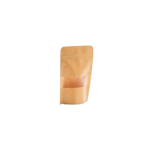 Brown Kraft paper bag with a clear rectangular window and resealable grip seal closure.