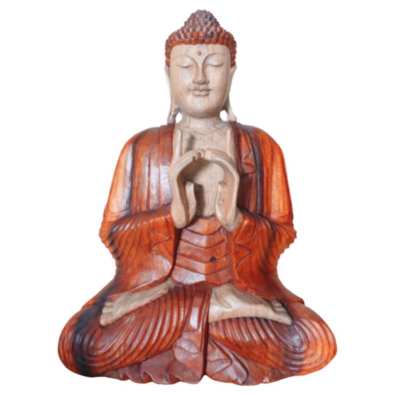 Large hand-carved Suar wood Buddha statue with two hands showing intricate traditional Balinese details.